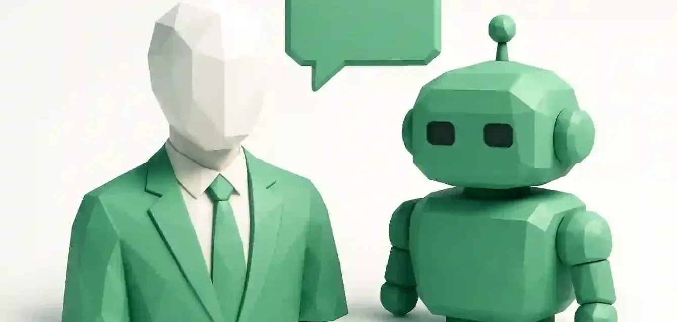 AI Agent vs Chatbot: Satış Otomasyonu İllüstrasyonu Bir yapay zeka temsilcisini simgeleyen düşük poli yeşil iş figürü, bir konuşma balonu ile eşleşen yeşil bir sohbet robotu robotuyla karşı karşıya, satış otomasyonu için yapay zeka temsilcisi ve sohbet robotunu gösteriyor.