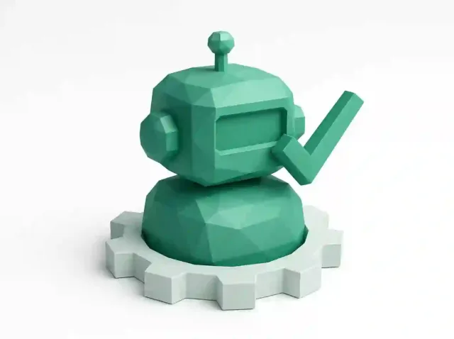 Küçük işletmelerin iş akışlarını ve verimliliğini iyileştiren bir yapay zeka otomasyon ajansını simgeleyen, üzerinde onay işareti bulunan bir dişli üzerindeki düşük poli renkli deniz mavisi robot figürü