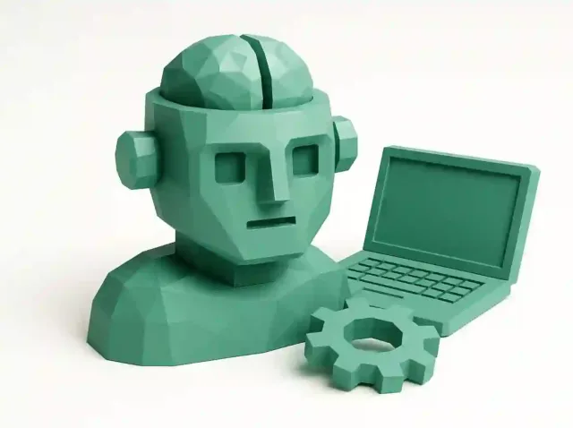 Bir yapay zeka otomasyon ajansı web sitesini temsil eden, bir dizüstü bilgisayar ve donanımın yanında beyni açıkta olan düşük poli deniz mavisi robot kafası.