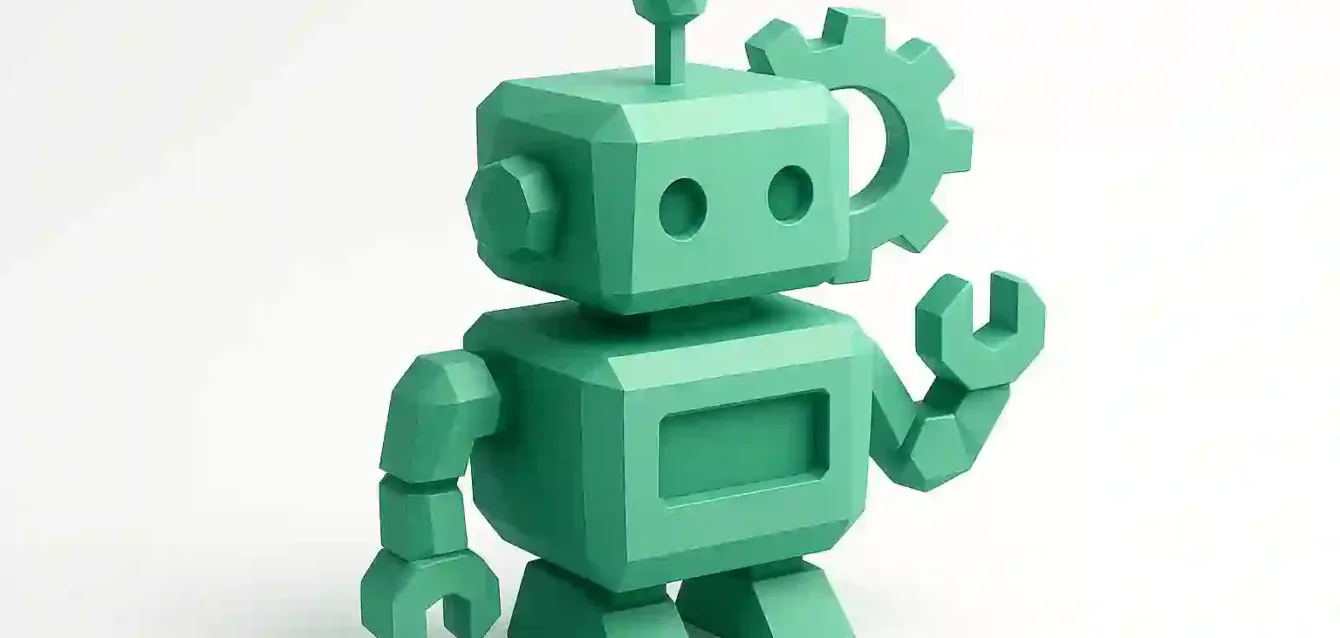 Yapay Zeka Otomasyon Hizmetleri 2025 - Ajans Çözümleri için Robot ve Dişli İllüstrasyonu 2025 için yapay zeka otomasyon hizmetlerini ve ajans çözümlerini simgeleyen dişli ve anahtarlı 3D deniz mavisi robot