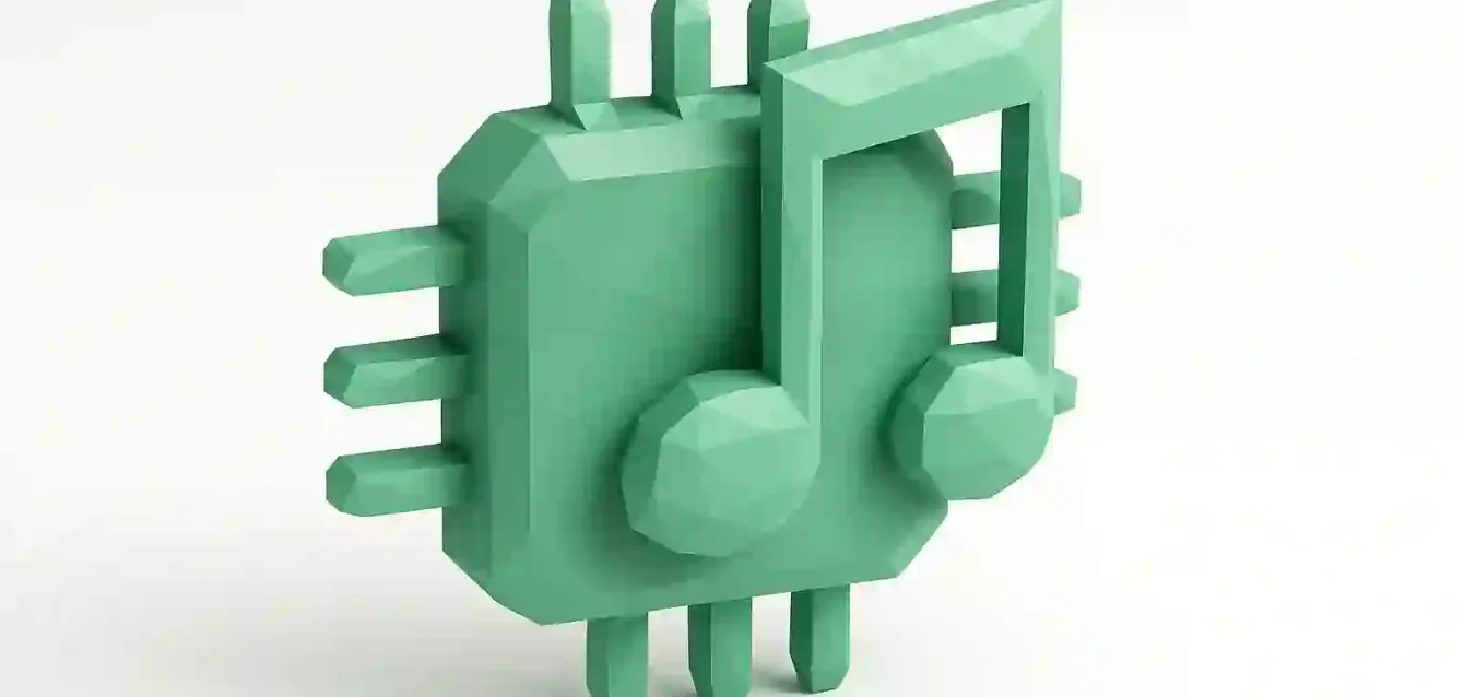AI Background Music Guide 2025 — Green Music Chip Icon for Brands 3D green microchip shaped like a music note symbolizing AI-generated background music for brands — icon for AI Background Music Guide 2025