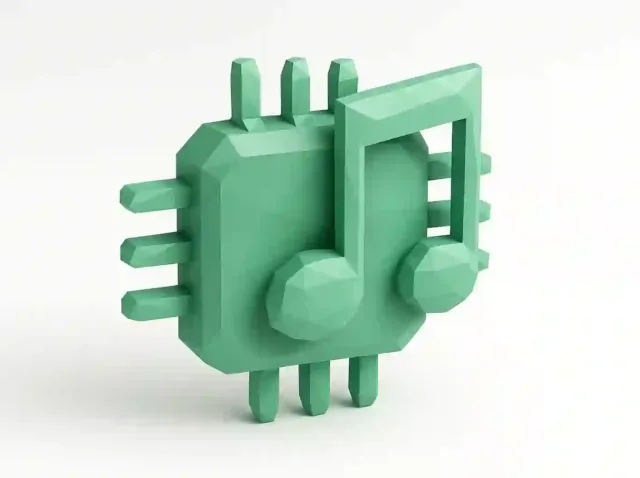 3D green microchip shaped like a music note symbolizing AI-generated background music for brands — icon for AI Background Music Guide 2025