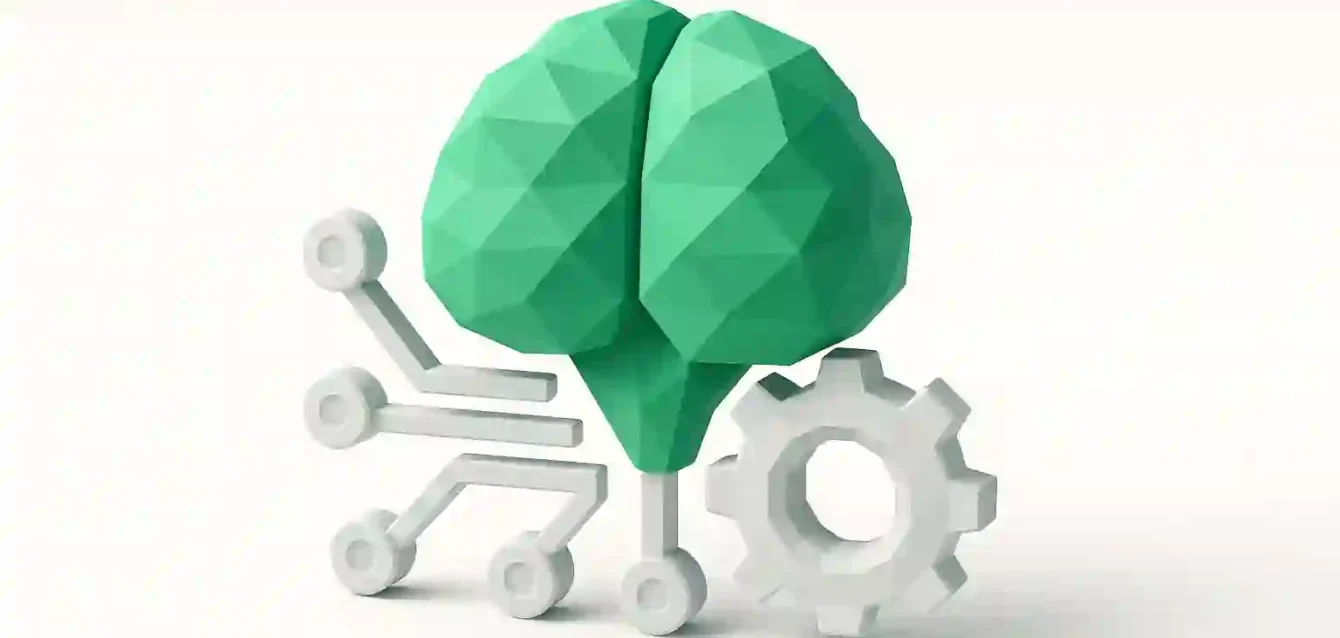 Yapay Zeka İş Süreçleri Otomasyonu - Devreler ve Dişlilerle Beyin Beyaz devre izleri ve beyaz zemin üzerinde bir dişli ile bağlantılı düşük poli yeşil beyin simgesi, yapay zeka odaklı iş süreci otomasyonunu ve bir ekip arkadaşı olarak yapay zekayı simgeliyor