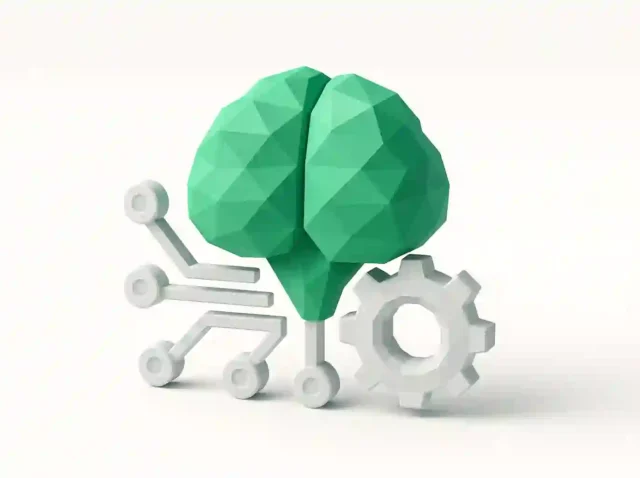 Beyaz devre izleri ve beyaz zemin üzerinde bir dişli ile bağlantılı düşük poli yeşil beyin simgesi, yapay zeka odaklı iş süreci otomasyonunu ve bir ekip arkadaşı olarak yapay zekayı simgeliyor