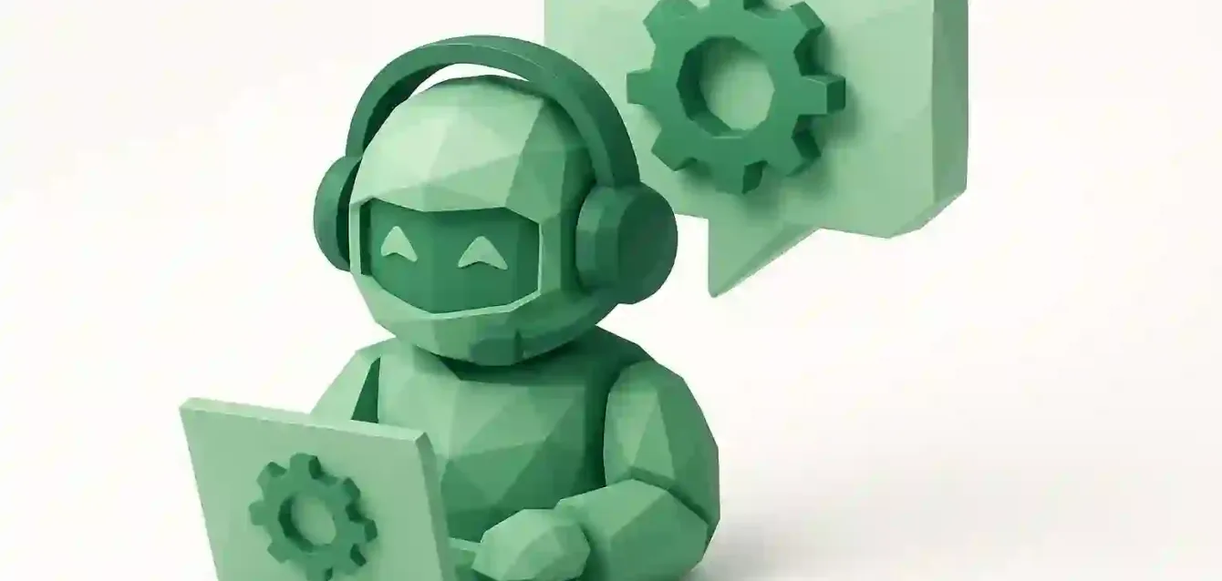 AI Customer Support Automation Robot Icon — Boost Efficiency & ROI 3D green robot wearing a headset using a laptop with gear icons, symbolizing AI customer support automation to boost efficiency and ROI