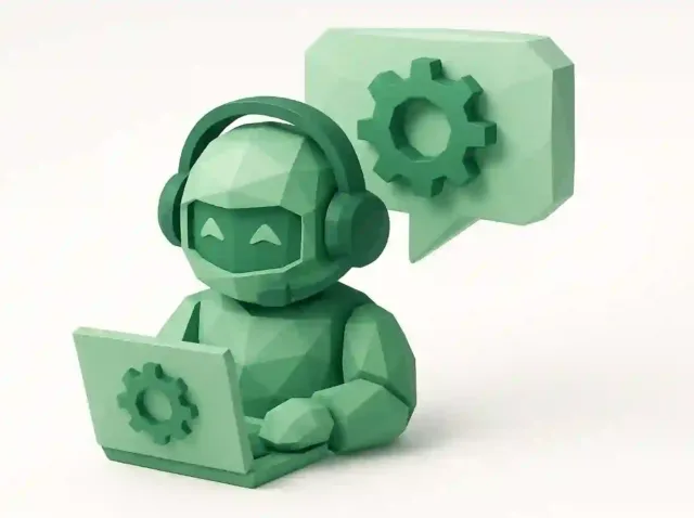 3D green robot wearing a headset using a laptop with gear icons, symbolizing AI customer support automation to boost efficiency and ROI