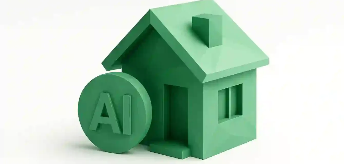 AI-Driven Real Estate Leads - 3D Green House with AI Coin Green 3D house next to a round coin labeled 'AI' representing AI-driven real estate lead generation.