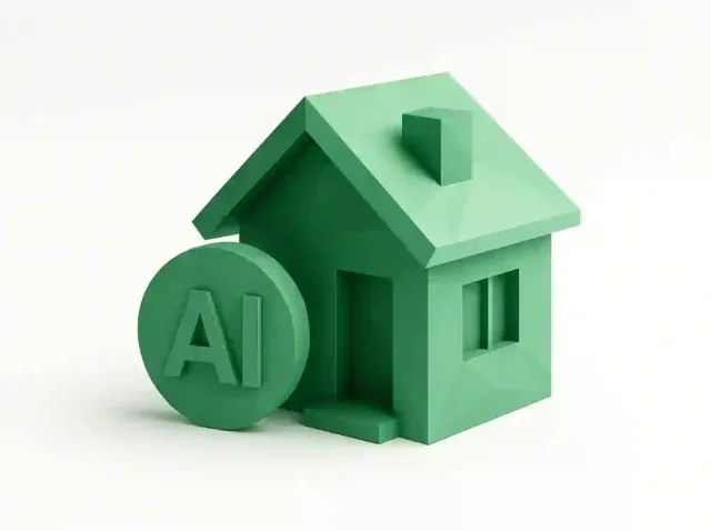 Green 3D house next to a round coin labeled 'AI' representing AI-driven real estate lead generation.
