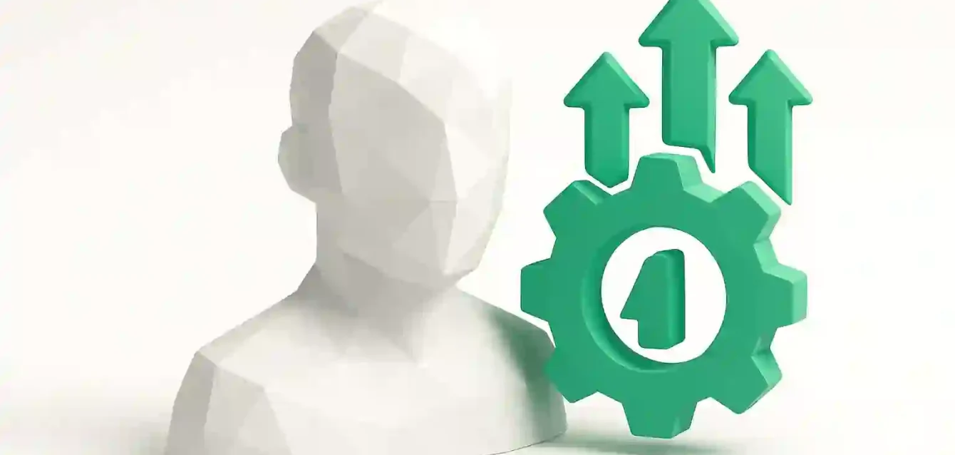 AI-Powered Lead Generation Growth 2026 - 3D Gear and User Icon 3D low-poly user bust next to a green gear with an AI emblem and three upward arrows symbolizing AI-powered lead generation growth in 2026