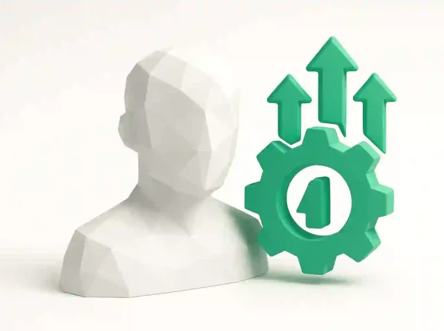 Yapay zeka amblemli yeşil bir dişli ve 2026'da yapay zeka destekli potansiyel müşteri yaratma büyümesini simgeleyen yukarı doğru üç ok yanında 3D düşük poli kullanıcı büstü