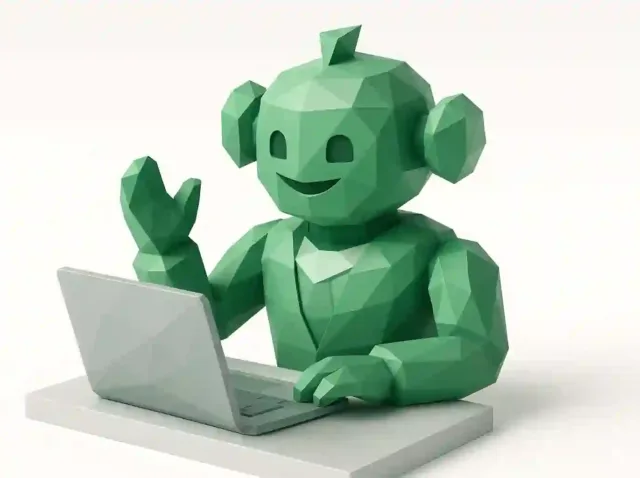 Dizüstü bilgisayar kullanırken el sallayan yeşil düşük poli robot, küçük işletmelerin zamandan tasarruf etmesine ve daha fazla anlaşma yapmasına yardımcı olan bir yapay zeka satış temsilcisini simgeliyor