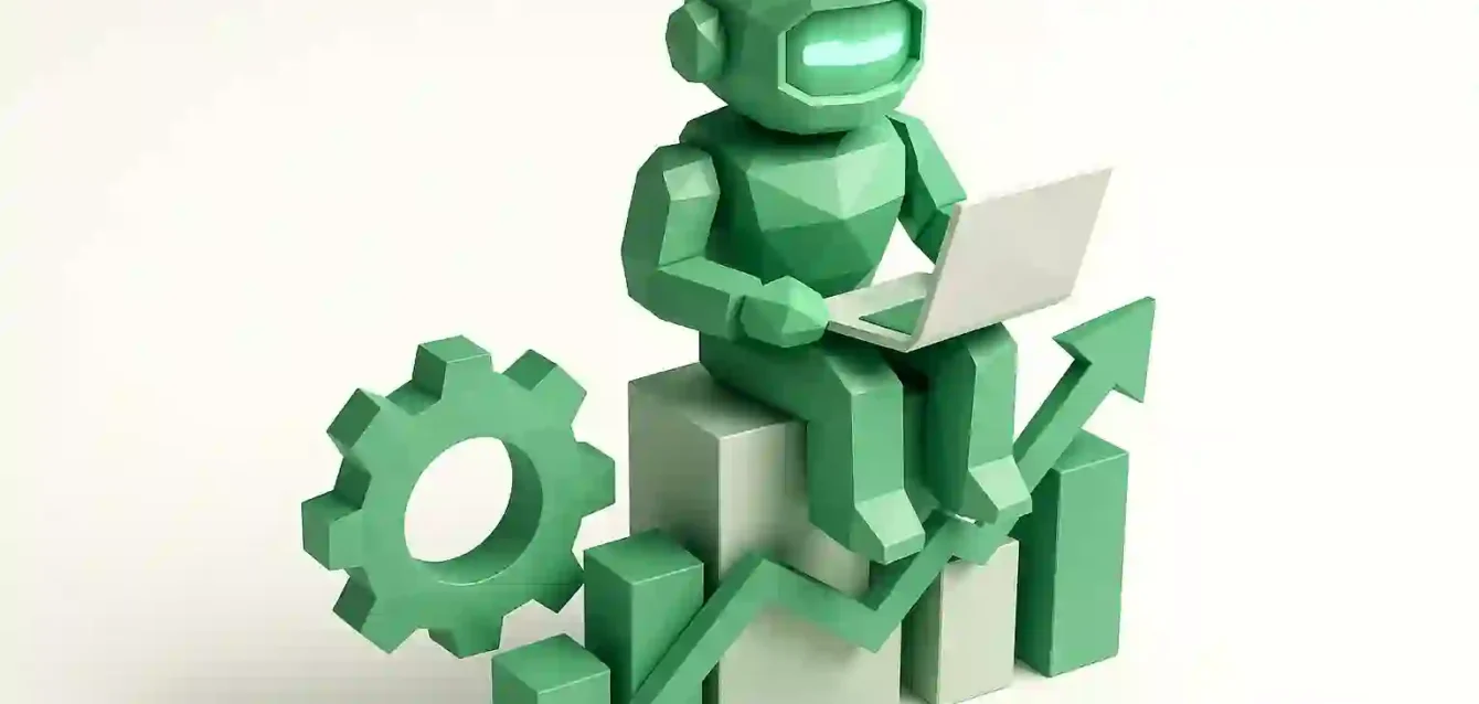 Yapay Zeka Satış Otomasyon Robotu Yükselen Grafikte - Daha Hızlı Kapanışlar Bir dişli ve yukarı doğru okun yanında yükselen bir çubuk grafik üzerinde oturan dizüstü bilgisayarlı yeşil 3D robot, daha hızlı kapanışlar ve gelir artışı sağlayan yapay zeka satış otomasyonunu simgeliyor