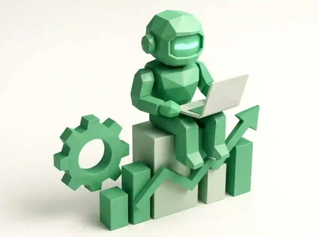 Bir dişli ve yukarı doğru okun yanında yükselen bir çubuk grafik üzerinde oturan dizüstü bilgisayarlı yeşil 3D robot, daha hızlı kapanışlar ve gelir artışı sağlayan yapay zeka satış otomasyonunu simgeliyor