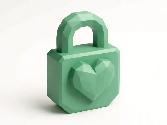 Mint-green low-poly padlock with a heart emblem on a white background, symbolizing secure boundaries and policy controls for AI-handled explicit content in business creativity.