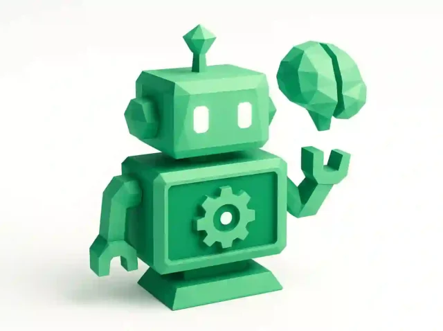 2026'da küçük işletme sahipleri için yapay zeka araçlarını ve otomasyonu simgeleyen, stilize bir beyin simgesi tutan 3D yeşil robot