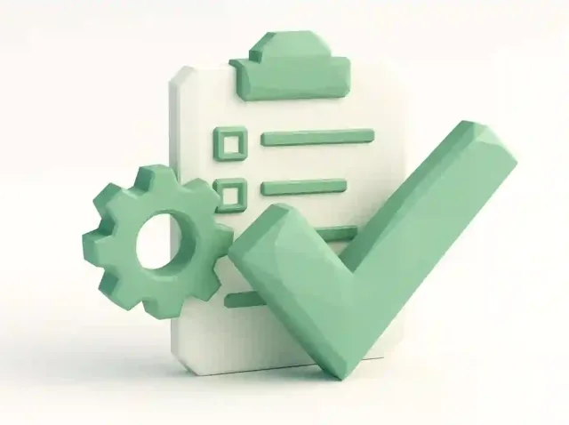 Illustration of a clipboard checklist with a gear and large checkmark in green, representing automation, virtual assistants and outsourcing as alternatives to hiring admin staff