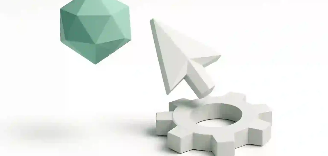 Antigravity vs Cursor vs Claude Code - karşılaştırma illüstrasyonu Deniz mavisi bir polihedronun minimal 3D illüstrasyonu, beyaz bir arka plan üzerinde bir dişli üzerinde gezinen beyaz bir imleç oku, Antigravity ile Cursor ve Claude Code karşılaştırmasını sembolize ediyor.