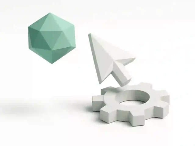 Minimal 3D illustration of a teal polyhedron, a white cursor arrow hovering above a gear on a white background, symbolizing Antigravity vs Cursor vs Claude Code comparison.