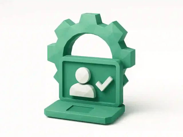 Küçük işletmeler için CRM otomasyonunu ve doğrulanmış müşteri iş akışlarını simgeleyen, onay işaretli bir kullanıcı avatarını gösteren 3D yeşil dişli ve dizüstü bilgisayar simgesi