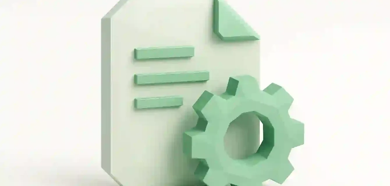 AI Blog Otomasyon Simgesi - Otomatik Blog Gönderisi Oluşturma Otomatik blog gönderisi oluşturma ve iş akışı optimizasyonu için AI blog otomasyonunu simgeleyen 3D nane yeşili belge ve dişli simgesi