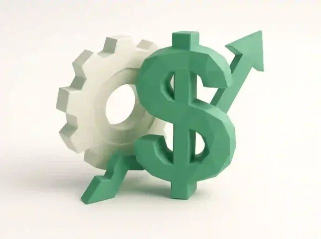 3D green dollar sign paired with a gear and upward arrow representing automation-driven ROI and growth for small businesses