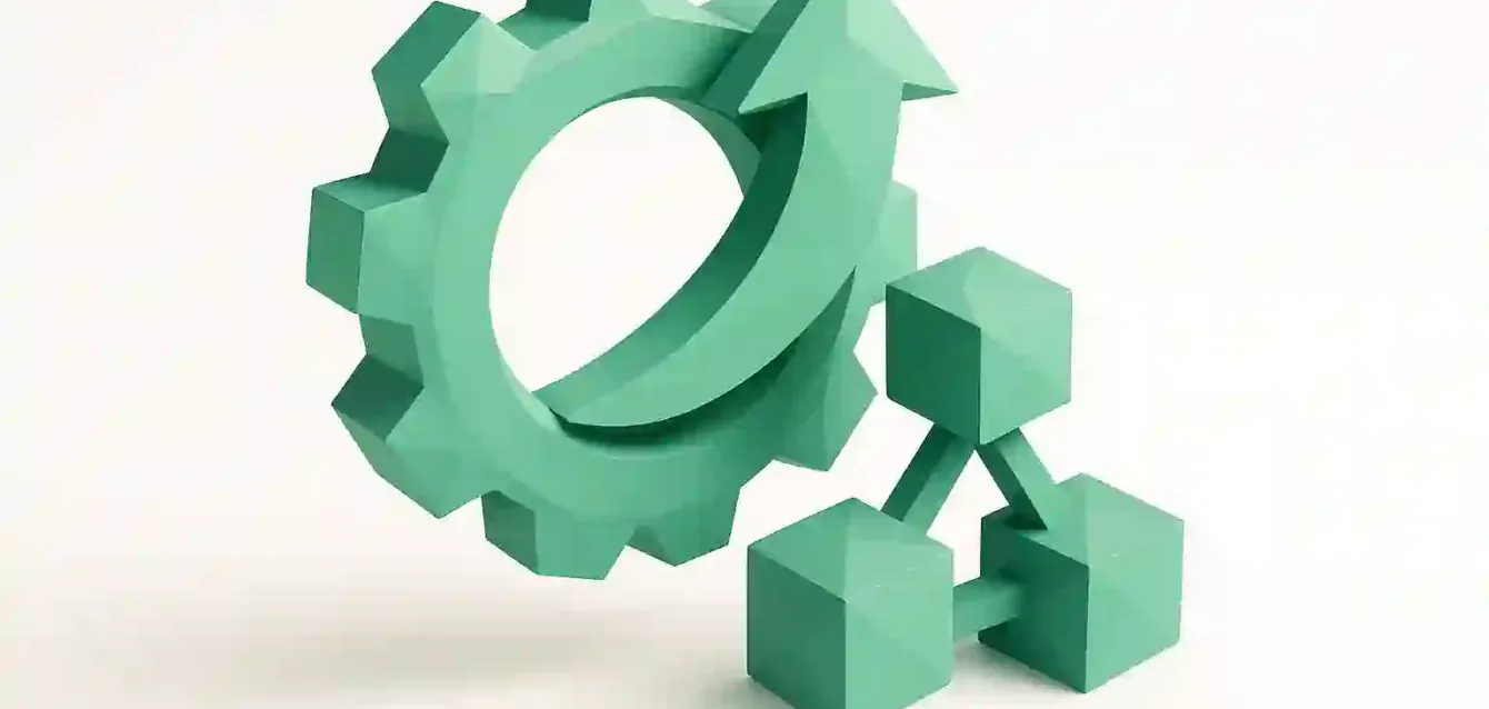 Automation for Small Businesses — Gear and Network Icon for Scalable Growth 3D teal gear with an upward arrow beside connected cubes, symbolizing small business automation, workflow integration, and scalable growth