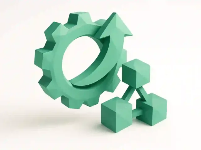 3D teal gear with an upward arrow beside connected cubes, symbolizing small business automation, workflow integration, and scalable growth