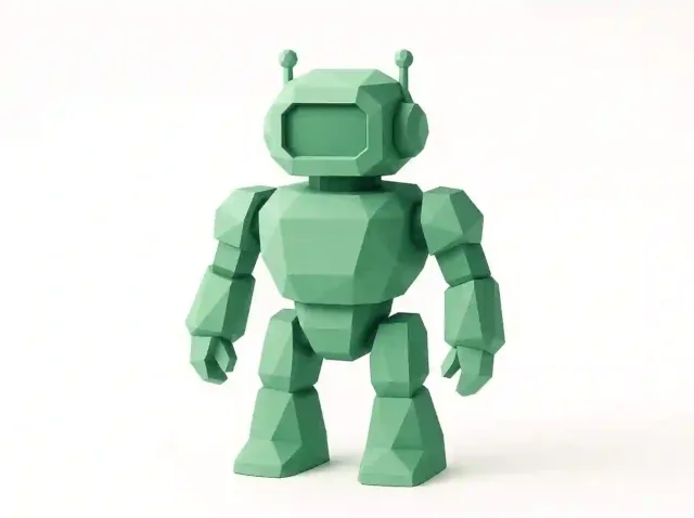Mint-green low-poly robot standing on a white background, symbolizing an AI employee or assistant for AI employee platforms in 2026