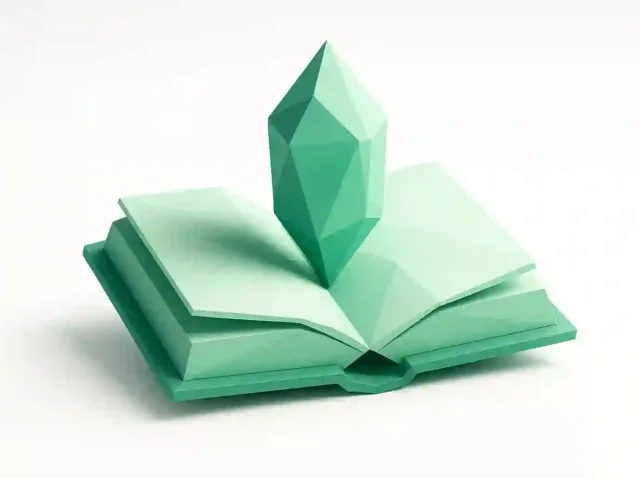 Açık bir kitabın üzerinde duran nane yeşili yüzlü kristal, 2025 yılı için yapay zeka destekli akademik araştırma araçlarını ve iş akışlarını simgeliyor