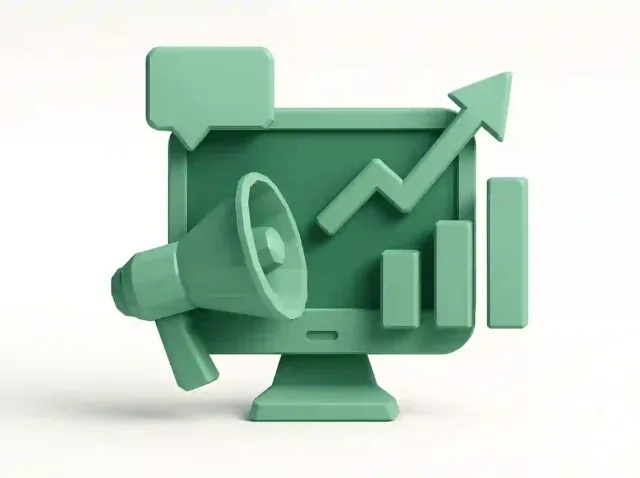 3D green illustration of a computer monitor with a megaphone, speech bubble, rising arrow and bar chart symbolizing AI-driven digital marketing and automated workflows