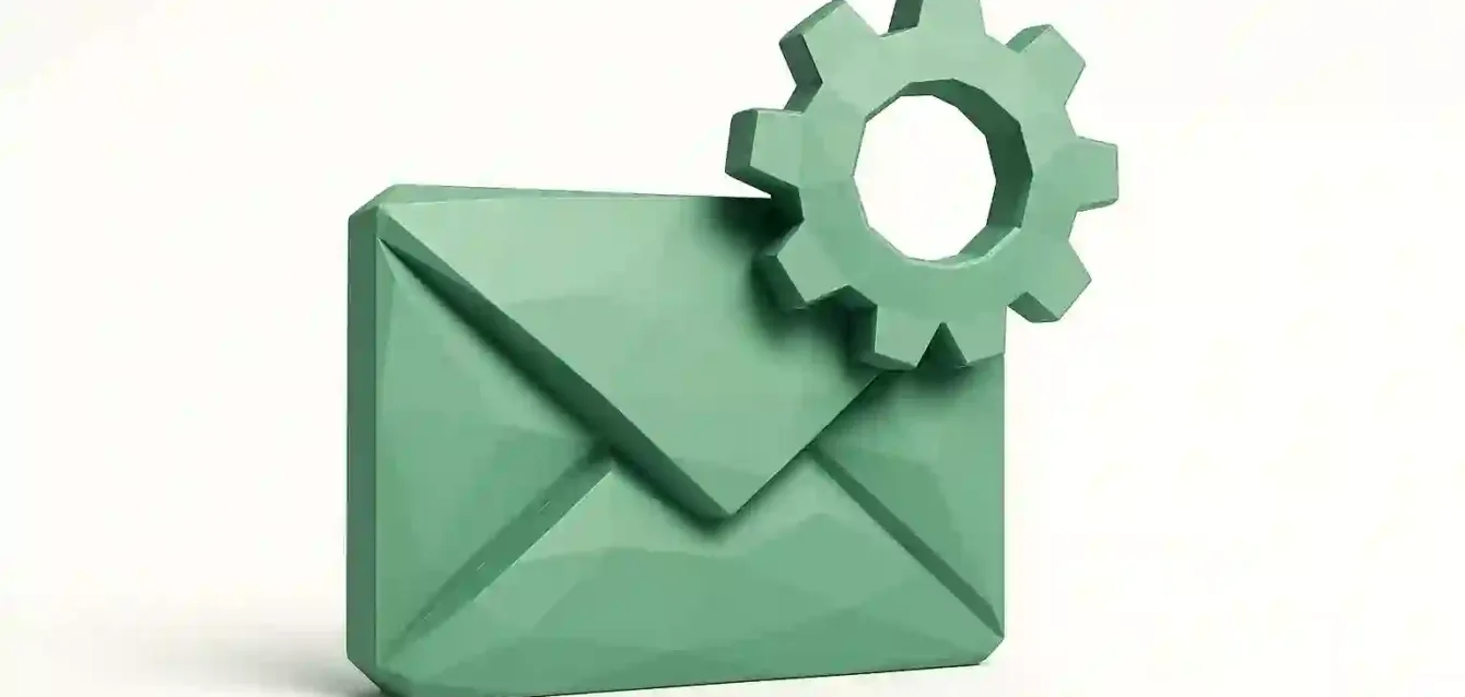 Shopify E-posta Otomasyonu 2026 - Zarf ve Dişli Simgesi Shopify için e-posta otomasyonunu simgeleyen dişli simgeli 3B deniz mavisi zarf, Shopify için En İyi E-posta Otomasyonu - 2026 kılavuzu için ideal