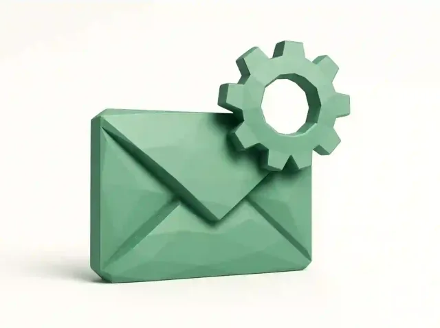 Shopify için e-posta otomasyonunu simgeleyen dişli simgeli 3B deniz mavisi zarf, Shopify için En İyi E-posta Otomasyonu - 2026 kılavuzu için ideal
