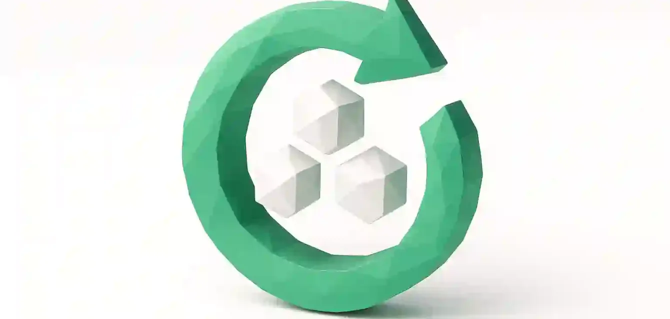 Açık kaynaklı n8n Alternatifleri - İş Akışı Otomasyon Simgesi Üç beyaz küpü çevreleyen stilize yeşil dairesel ok, iş akışı otomasyonunu ve açık kaynaklı n8n alternatifleri için entegrasyonları simgeliyor