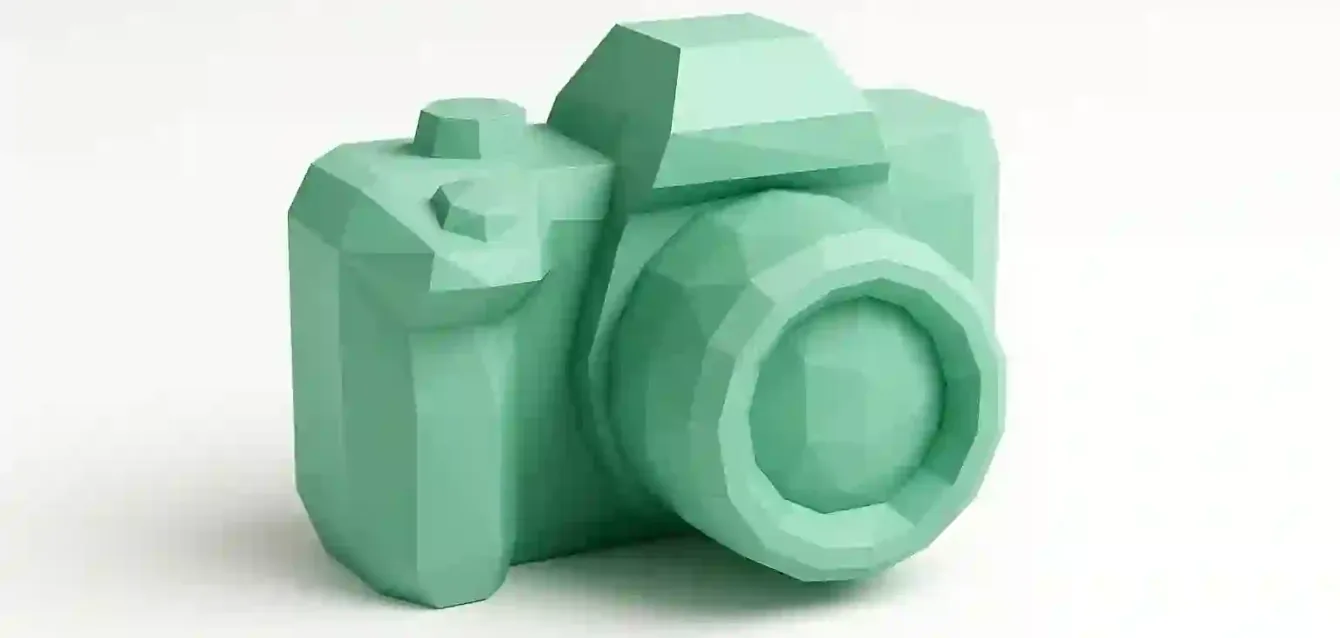 Low-Poly 3D Camera Render — Best Open Source Image Generators 2025 Mint-green low-poly 3D camera model on white background — stylized render showcasing open-source image generator capabilities (2025)