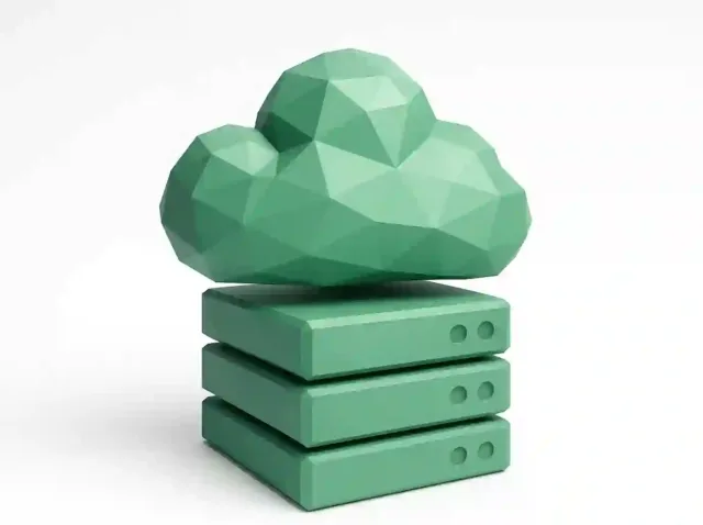 Low-poly green cloud floating above a stack of three servers, symbolizing open-source LLM cloud hosting infrastructure for 2025