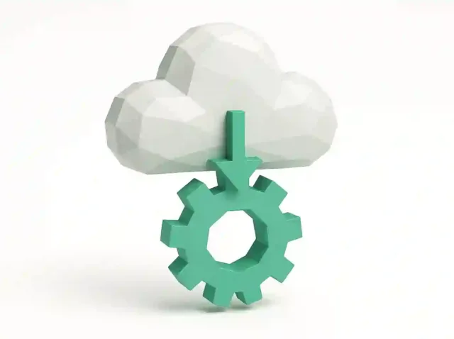 3D cloud icon with a downward arrow connecting to a teal gear, symbolizing cloud-based Salesforce automation and workflow integration for 2025
