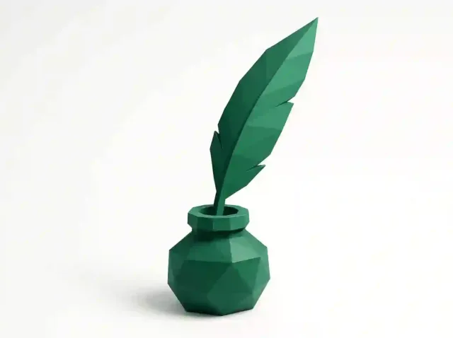 Low-poly green quill and inkwell on a white background, symbolizing creative writing and self-hosted AI models for writers