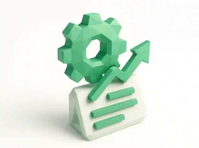 İş Otomasyon Ajansı kılavuzu 2025 için iş otomasyonu, iş akışı optimizasyonu ve büyümeyi temsil eden bir belge simgesinin üzerinde 3D yeşil dişli ve yukarı ok