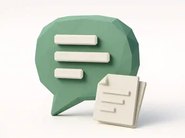 İçerik oluşturma için ChatGPT istemlerini simgeleyen, beyaz metin çizgileri ve bir belge simgesi içeren 3B yeşil konuşma balonu (2026 kılavuzu)