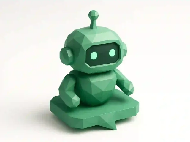 Konuşma baloncuğu tabanına oturtulmuş düşük poli yeşil chatbot robot figürü, chatbot otomasyonunu, yapay zeka odaklı müşteri desteğini ve 2025 için platform verimliliği iyileştirmelerini temsil ediyor.