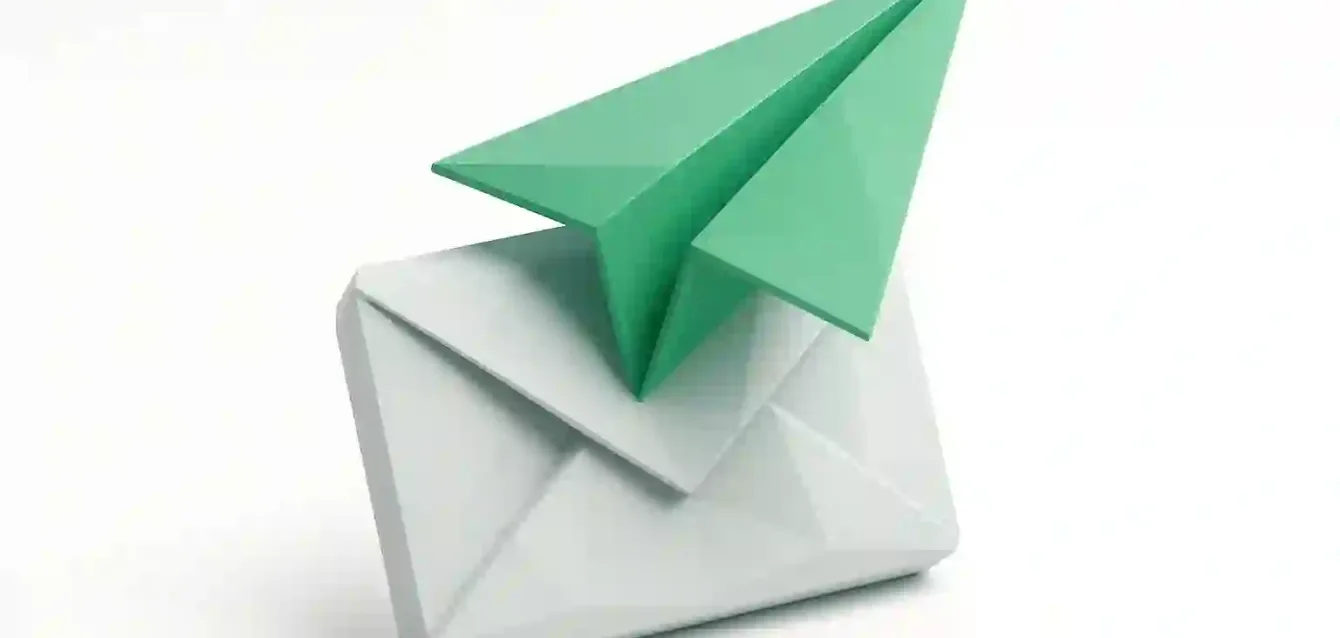 Make.com Cold Outreach Automation - Boost Email Response Rates Green paper airplane emerging from a white envelope, symbolizing automated cold outreach emails and Make.com workflows to boost response rates and streamline sales.