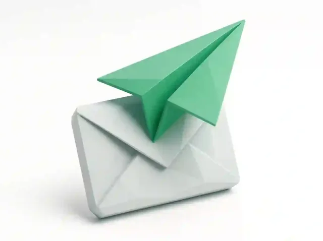 Green paper airplane emerging from a white envelope, symbolizing automated cold outreach emails and Make.com workflows to boost response rates and streamline sales.