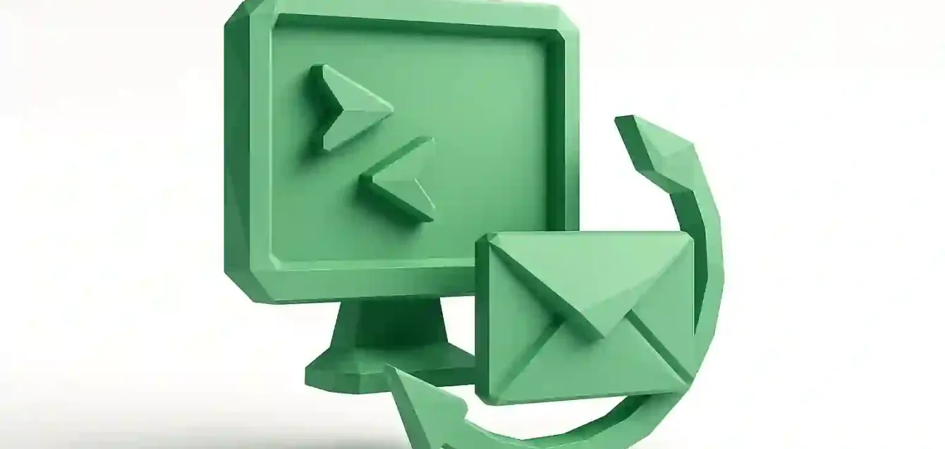 n8n Cold Outreach Automation — Email Personalization Illustration 3D green icon of a computer monitor, envelope and arrows representing automated cold outreach and email automation for hyper-personalized campaigns with n8n