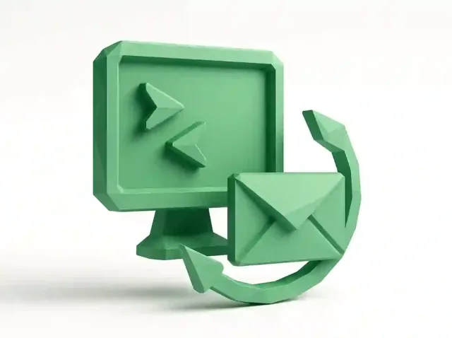 3D green icon of a computer monitor, envelope and arrows representing automated cold outreach and email automation for hyper-personalized campaigns with n8n