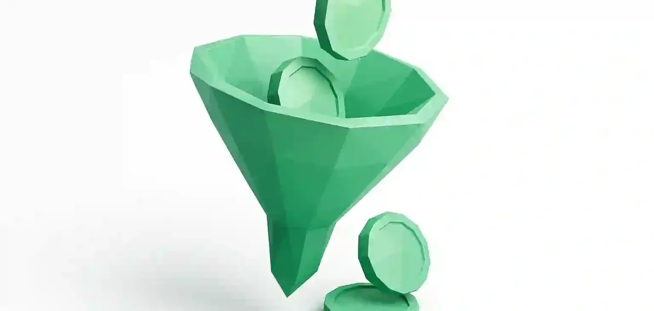 Cost-Effective Lead Generation Funnel – Strategies for 2025 3D green funnel with coins symbolizing cost-effective lead generation, low-cost leads and ROI-focused marketing strategies for 2025