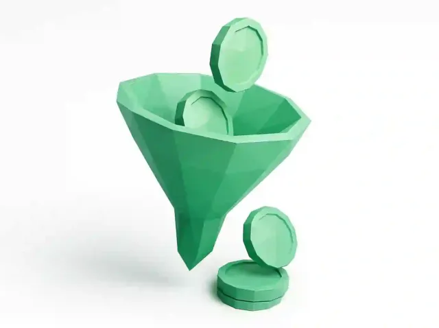 3D green funnel with coins symbolizing cost-effective lead generation, low-cost leads and ROI-focused marketing strategies for 2025