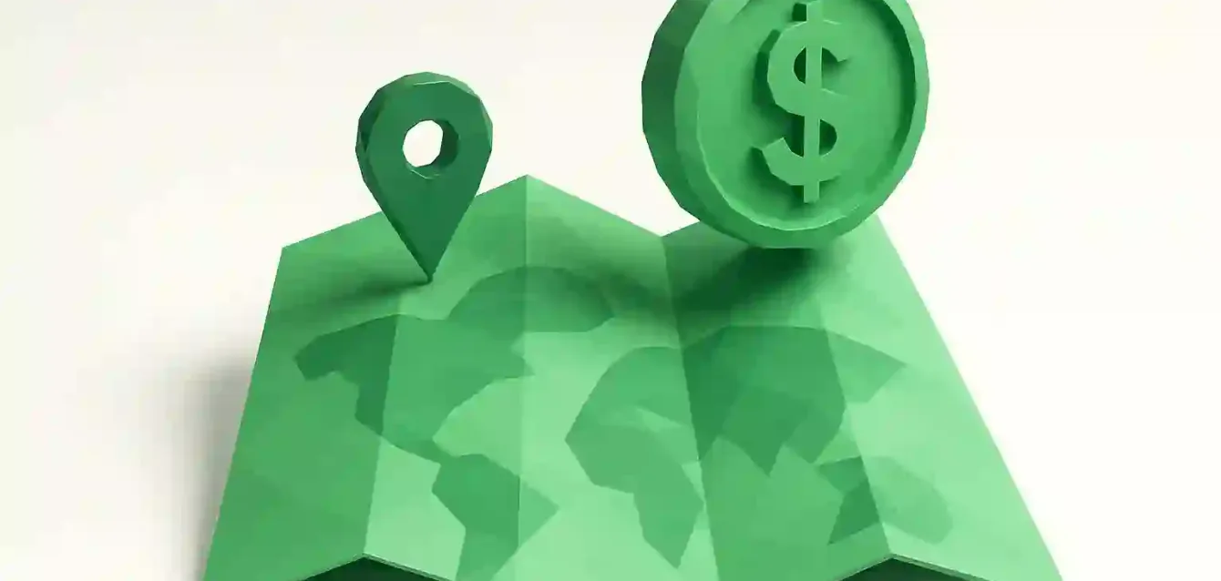 Google Maps API Cost 2025 — Map Pin and Dollar Pricing Illustration Green folded map with a location pin and dollar coin icon symbolizing Google Maps API pricing for business owners in 2025