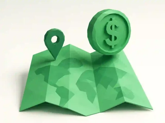 2025'te işletme sahipleri için Google Haritalar API fiyatlandırmasını simgeleyen bir konum iğnesi ve dolar para simgesi içeren yeşil katlanmış harita