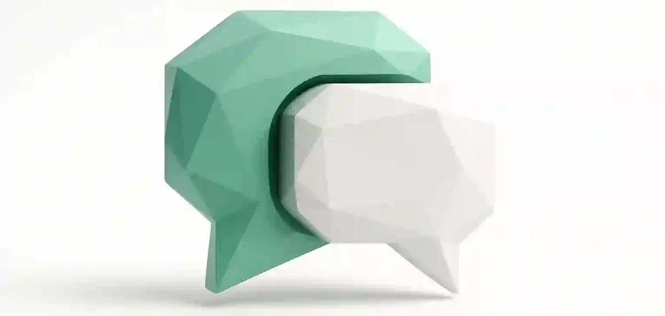 Creatomate vs Bannerbear 2025 - 3D Speech Bubble Comparison Low-poly 3D teal and white speech bubbles symbolizing Creatomate vs Bannerbear generative media comparison for the 2025 media generation showdown