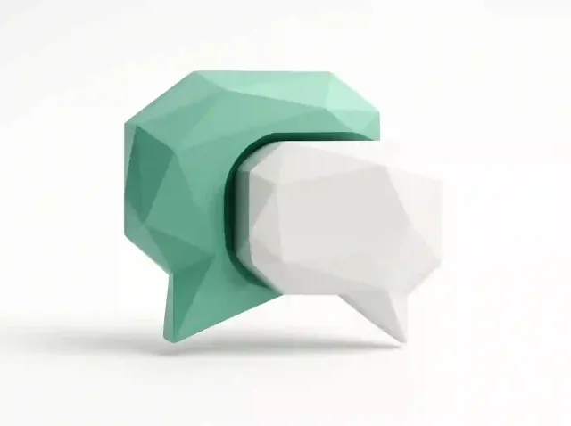 Low-poly 3D teal and white speech bubbles symbolizing Creatomate vs Bannerbear generative media comparison for the 2025 media generation showdown